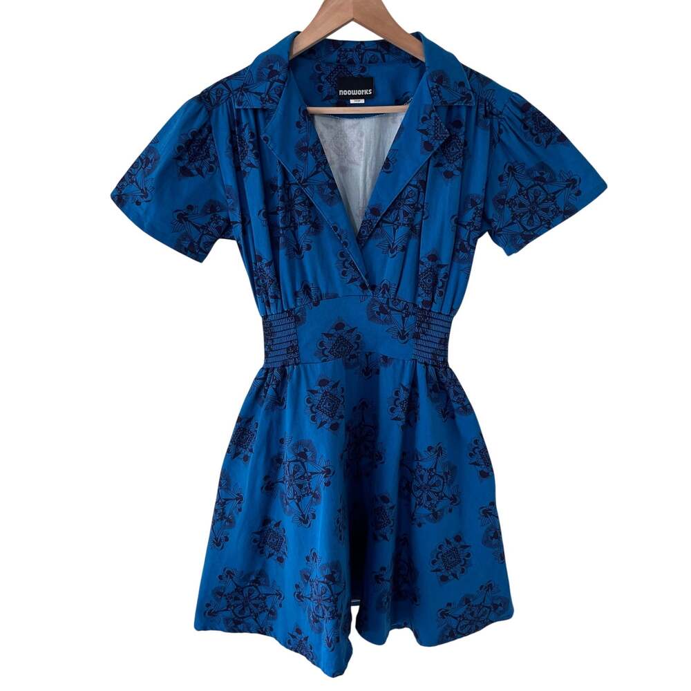 Nooworks Blue Geometric Print Fit Flare Dress Large Cotton Smocked Made USA